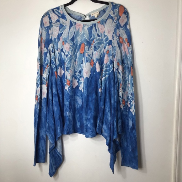 Anthropologie Tops - Anthropologie Meadow Rue pullover top medium blue linen watercolor floral spring